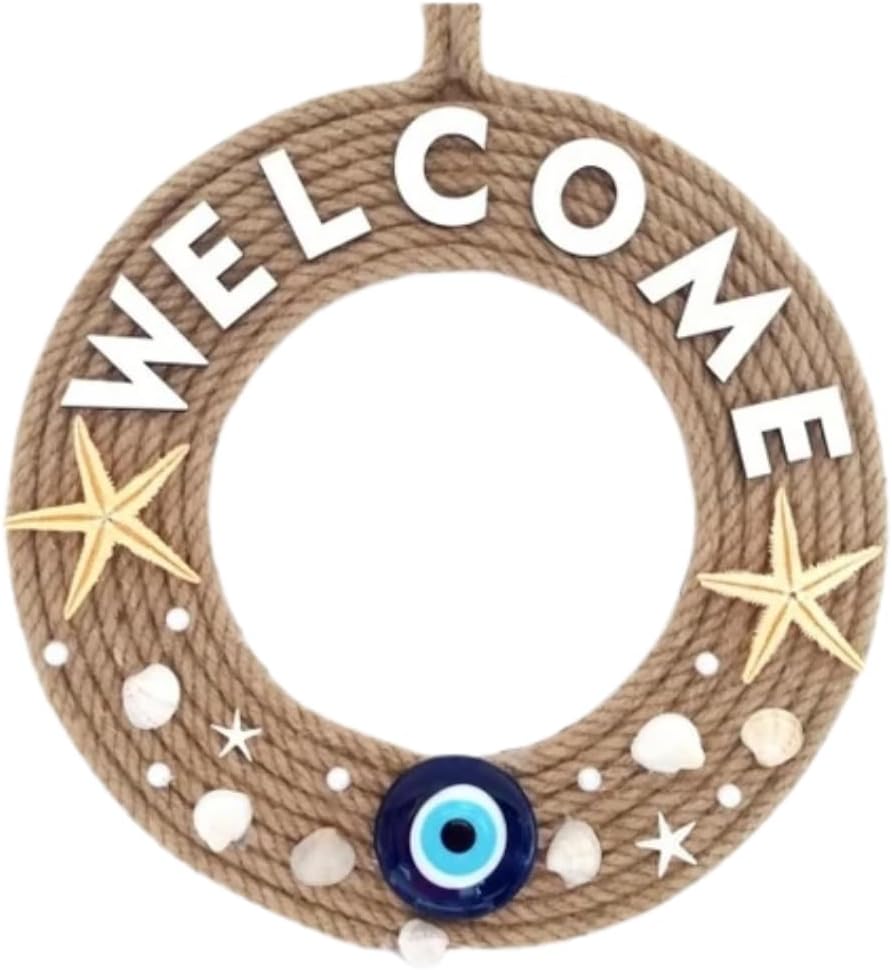 Evil Eye Nazar Boncuğu Welcome Door Hanger 11.8x11.8 Inch (30x30 cm) Jute Rope Coastal Starfish Seashell Handmade Wall Decor, Protective Entryway Hanging Sign