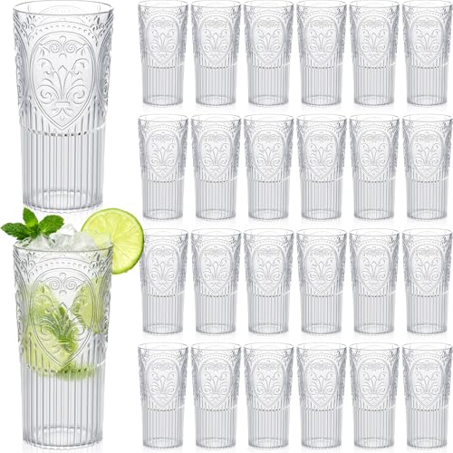 Wiwiqing 20oz Vintage Plastic Drinking Glasses Set of 24 - Large Capacity Clear Embossed Ribbed Tumblers for Beer, Juice, Whiskey, and Cocktails
