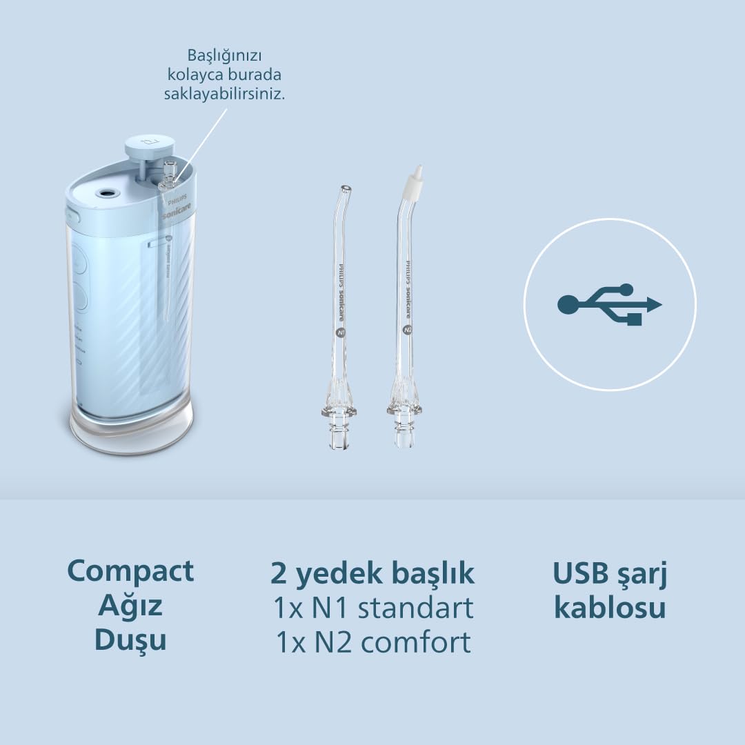 Philips Sonicare Kompaktowy irygator 1000, przenośny irygator wodny z 3 trybami nitkowania, wodoodporny irygator do jamy ustnej IPX7, przyjazny w podróży, niebieski, model HX3333/24