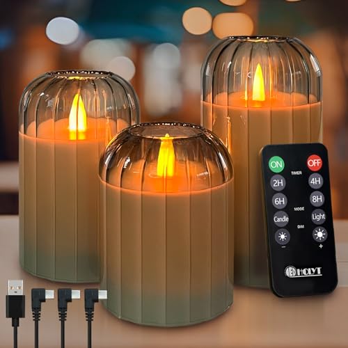 Image of LEDHOLYT Rechargeable Flameless Candle, Flashing LED Pillar Real Wax Candle with Remote Control and Timer, Green Pumpkin Glass Electronic Candles for Room Decoration, 1 Set of 3