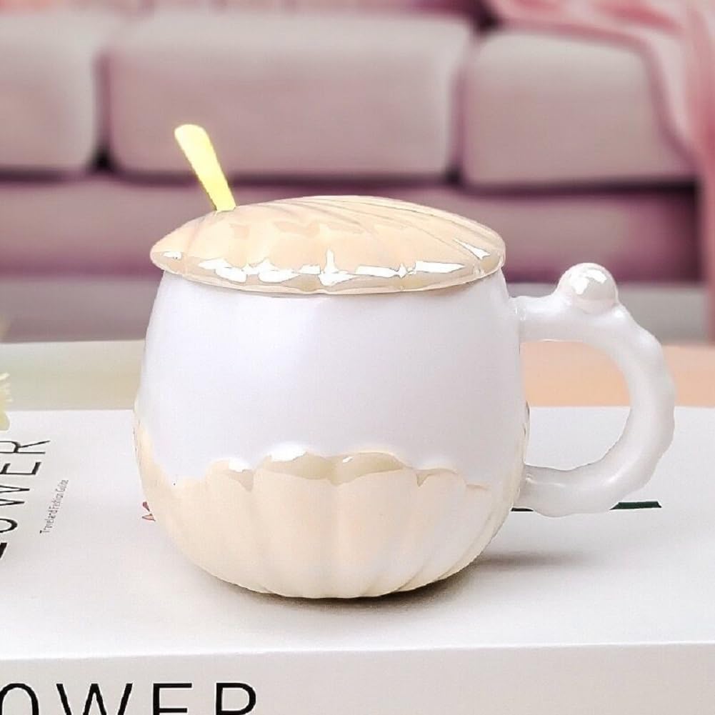 Funny Coffee Mug Cute Shell Milk Cup Novelty Coffee Mug with Lid and Spoon 350 ml Cocoa Mug Gift for Women Girls Friends Christmas Birthday (Yellow)