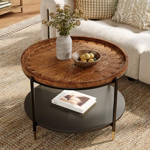 TRIBEWOOD Solid Wood Round Coffee Table, 31.5-Inch Boho Center Tea Table with Metal Storage Frame & Carved Floral Pattern, Living Room Coffee Table Furniture for Small Spaces, Apartment, Rustic Brown