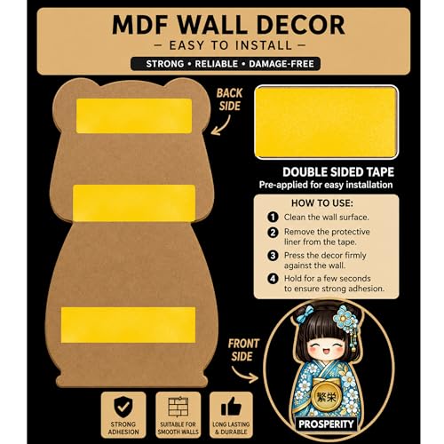 Image of GENXTRA Set of 5 Japanese Lucky Doll Wooden Wall Decor | Kawaii Anime Style MDF Hanging Art for Home, Bedroom, Living Room & Office | Prosperity, Happiness, Protection, Success & Good Luck Theme