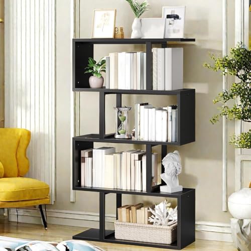 DWVO Geometric Bookshelf, 5-Tier Bookshelf S-Shaped Bookshelves, Industrial Geometric Bookcase Freestanding Multifunctional Storage Shelving for Living Room Home Office, Black