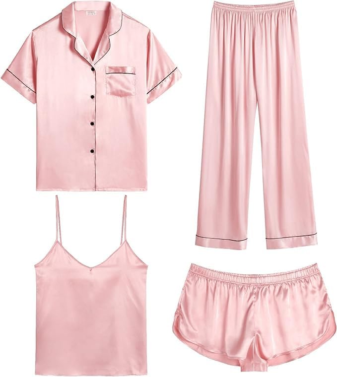 Women's Polyster 4 Pieces Pajama Set | Strap Cami Top | Shorts and Pant | Short Sleeve Sleep Shirt |Nightwear Set | - P, Black-image-22