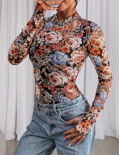 PRETTYGARDEN Womens 2025 Fall Mesh Floral Blouses Long Sleeve Going Out Tops Slim Fitted Shirts Date Night Outfits3