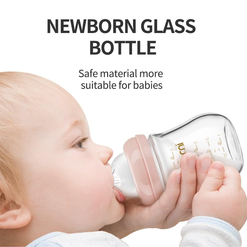 Oberni Glass Baby Bottle, Anti-Colic Baby Bottles with Slow Free Flow Breast-Like Teat 120ml (Pack of 2), 0m+ Newborn, Pink - Image 3