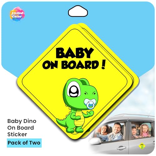 Image of United by Color Baby on Board Signs for Car (2Pk) - Strong Adhesive Waterproof Dino on Board - Sticks Anywhere Non-Magnetic - No Fade Baby in Car Sticker