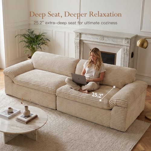 Image of Vesgantti 118 inch Boneless Couches for Living Room, Cloud Sectional Couch & Deep Seat, 3 Seater Comfy Corduroy Modular Sofa, Modern Slouch Couch, No Assembly Required, Beige