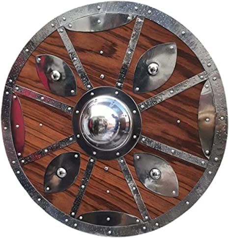 Medieval Wooden & Steel Shield Wall Decor – Viking Style Battle Shield Replica with Metal Boss – Handcrafted Armor Wall Hanging for Home, Office, Bar, LARP & Cosplay Display – Vintage Warrior Décor