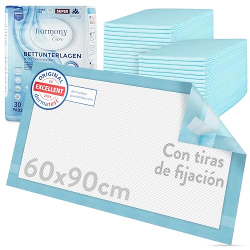 Harmony Care® 120 x Protectores de Cama XL con Tiras de fijación – 60 x 90 cm absorbentes – Almohadillas Antideslizantes Desechables para incontinencia
