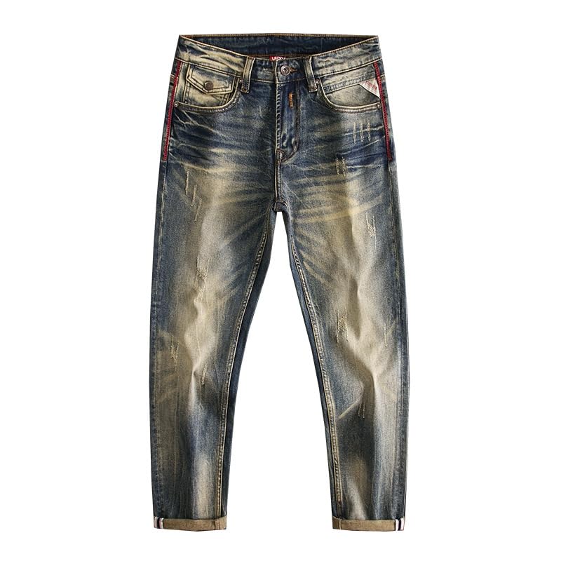 Men Jeans Retro Black Blue Stretch Slim Fit Ripped Jeans Vintage Denim Pants Mens ​​Trousers2