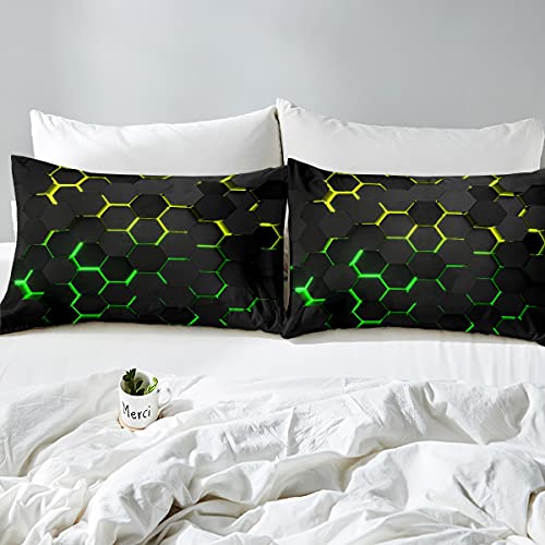feelingyou Honeycomb Bedding Duvet Cover Double,Hexagon Theme with Green Yellow Neon Lights Comforter Cover,Boys Teen Man Chic Creative Home Bedding Quilt Cover 3Pcs with 2 Pillowcases,Black - Image 3