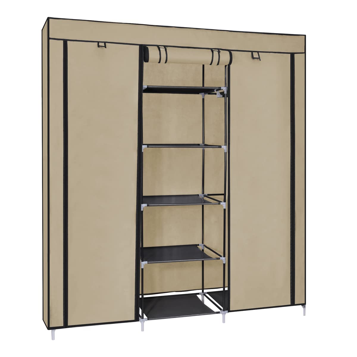 T-LOVENDO.ES Armario de Tela ropero estantería con Cremallera Plegable Modular portátil Grande 175 x 150 x 45 cm. Tubos de Acero para Perchas. Varios estantes Robusto y Estable. Beige