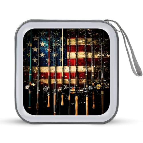 USA Flag Fishing Rod CD Case Plastic DVD Case Holder Wallet Disc Storage Organizer for Car Travel