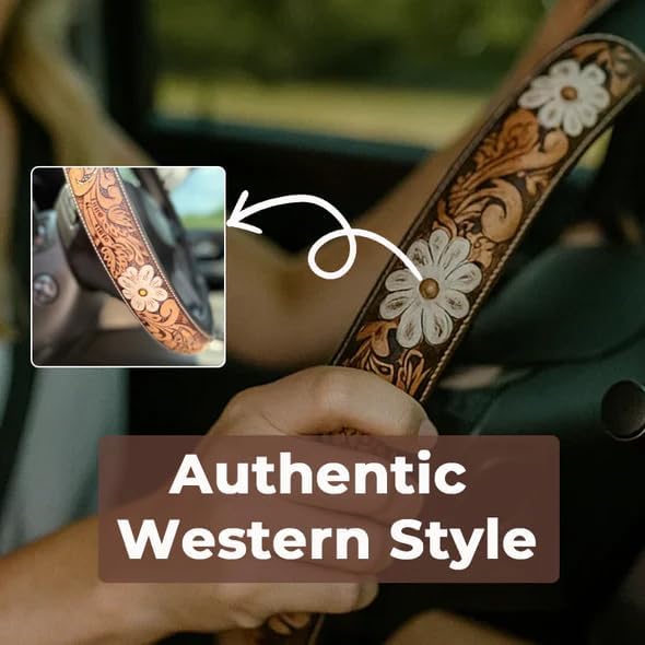 Western Steering Wheel Cover,Retro Western Cowboy Car Universal Steering Wheel Cover,Embossed Hand-Painted Leather Western Car Accessories, for Women Man, Anti-Slip Design Easy to Install (A)