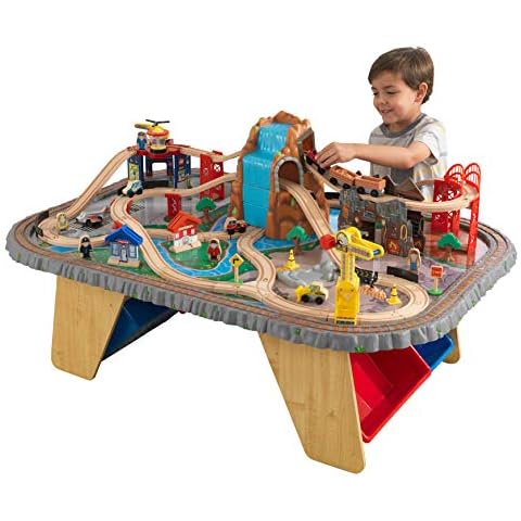 KidKraft 17498 Eisenbahnset und Spieltisch Waterfall Junction Bahngleis-Set und Tisch aus Holz Cover