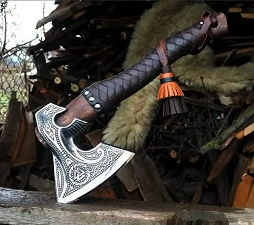 The Viking Blades | Viking Axe | Handmade Forged Ragnar Viking Axe, Carbon Steel Head, Hatchet with Leather Sheath, Birthday & Anniversary Gift for him, Camping Axe, Custom