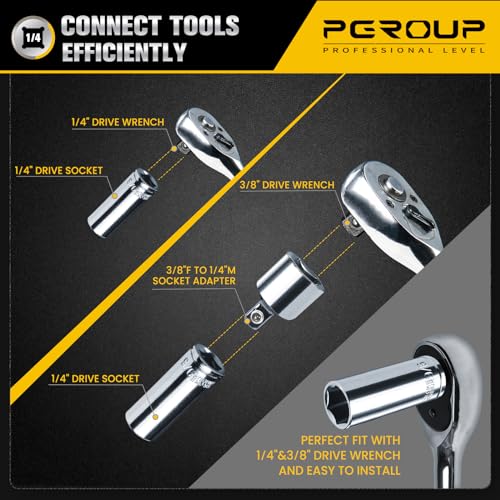 Image of 1 /4 inch Drive SAE Socket Set, 11PCS Deep Hex Socket Set (3 /16 inch-9 /16 inch), Cover Most Commonly Sizes, Chrome Vanadium Steel with 3 /8 inchF to 1 /4 inchM Socket Adapter