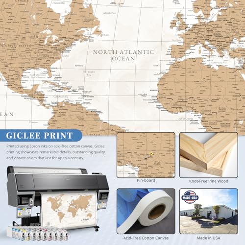 Image of IPIC - Vintage World Map Pin Board Canvas Wall Art, Travel Map with Pins Included, Ready to Hang for Home or Office, 36x24 Inch