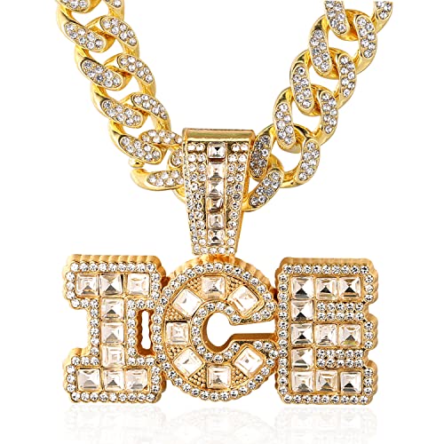 HALUKAKAH ● ICE ● Oro Cadena para Hombre Chapado Oro Real 18k Iced Out Collar Colgante,Diamante Lab Cz Pleno Juego de Punta,14mm Cadena Eslabone Cubano 45cm,con Caja