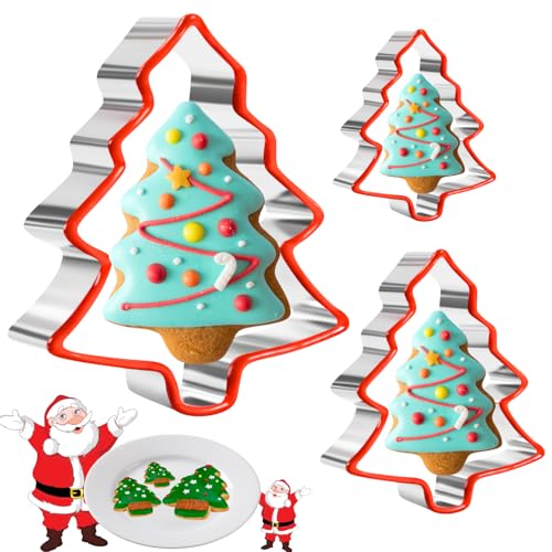 Set di 3 formine per biscotti a forma di albero di Natale, in acciaio inox, con morbido silicone, per cottura fai da te, decorazioni natalizie per feste