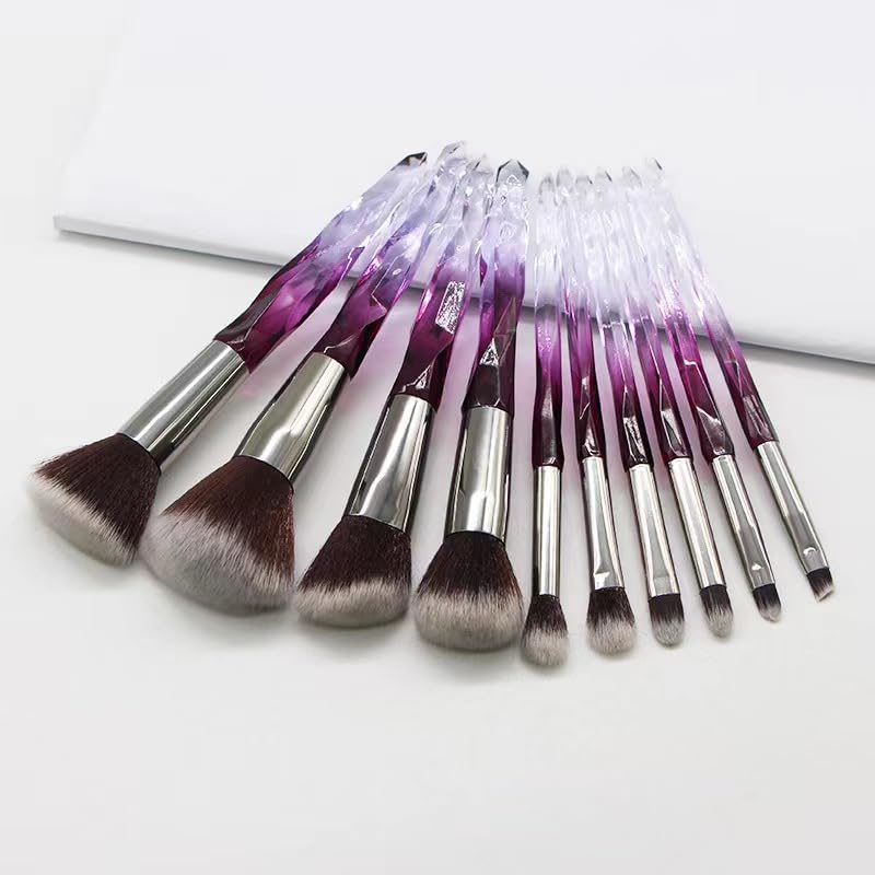 10-Piece Transparent Diamond Handle Makeup Brush Set – Crystal Glass Foundation & Eye Brushes, Soft Bristles, Multi-Functional Beauty Tools (Purple)