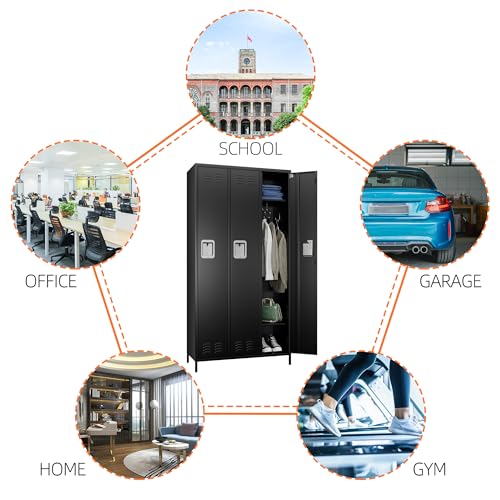 Image of Aobabo Metal Office Storage Lockers 3 Door Lockable Locker Cabinet, 72 Inch Tall Storage for Employee,Home Office,Gym,School, Black, Assembly Required