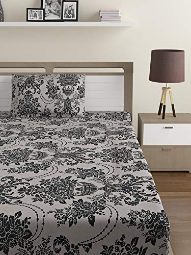 Image of Swayam Roto Cotton Double Bedsheet with 2 Pillow Covers | Size 90 x 100 inch | 144 TC | Floral Design | Soft Breathable Bed Sheet | Comfortable & Durable for Bedroom - Beige & Black