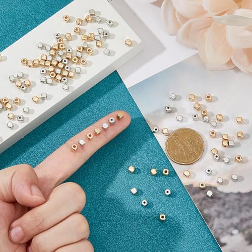 Hobbspring 400Pcs Gold and Silver Spacers Beads 2 Colors Bulk Tiny Square Beads 4mm Small Cube CCB Plastic Bead for Jewelry Necklace Bracelets Earrings Making DIY Crafts - Image 3