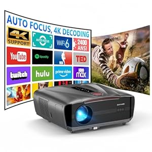 Tageslicht Beamer 2400ANSI Ultra HD 4K HDR10 Tagsüber Smart Projektor mit Tof Autofocus HDMI eARC/CEC WiFi6 Bluetooth5.4, 2 * 38W DB Audio WLAN Beamer für Heimkino Gaming Decken