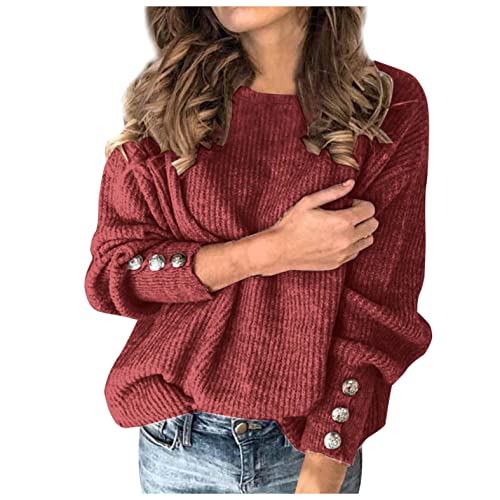 XUNN Pull en tricot épais pour femme - Col en V - Manches longues - Élégant - Uni - Col rond - Automne - Hiver - Pull en tricot lâche, Bordeaux, XXL Cover