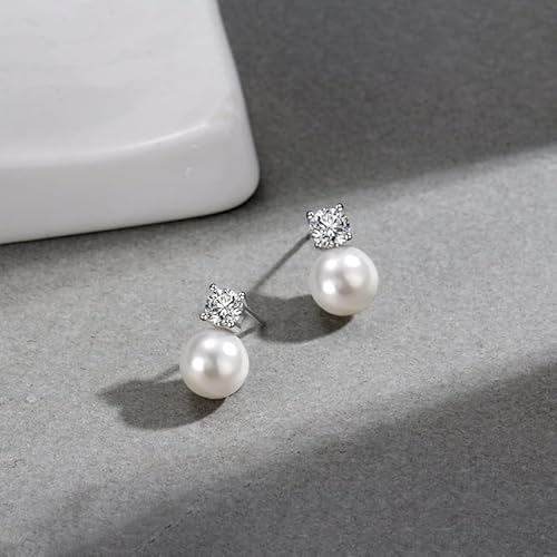 Pearl Drop Earrings For Women, 925 Sterling Silver Hypoallergenic 9Mm Pearl Weeding Stud Earrings With Cubic Zirconia Top, Wedding Jewelry & Mother's Day Gift #TOP2