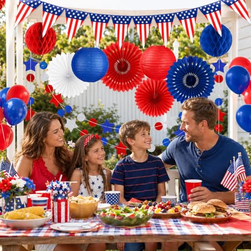 Image of 16PCS 4th of July Patriotic Decorations Set - Red White Blue Party Supplies with Paper Fans, Balloons, USA Flag Pennant - Memorial Day, Veterans Day, Election & Independence Day Party Decor