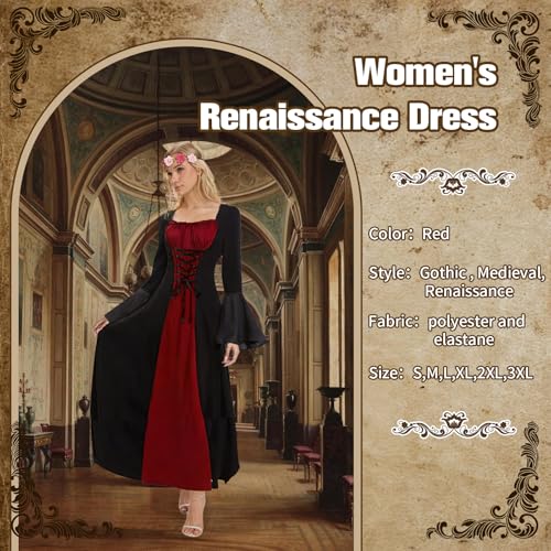 NFAUEIK Renaissance Costume for Women,Medieval Dress with Trumpet Sleeves,Vampire Witch Gothic Dress for Halloween (Red, S) by NFAUEIK - Used condition - Image 4