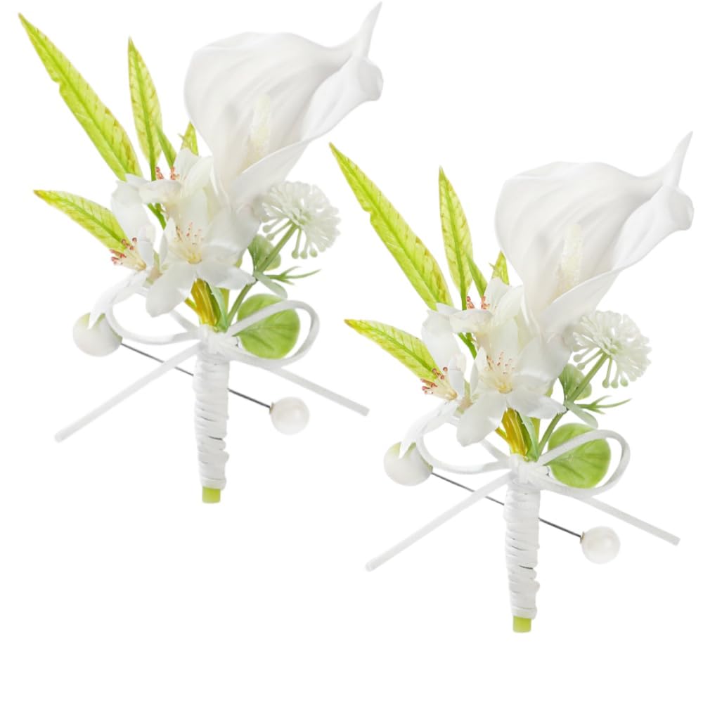 CCUUHJ 2Pcs Artificial Calla Lily Wrist Corsage Boutonniere Set, Groomsmen Bridesmaids Wedding Flowers Accessories Prom Party Decorations,Ivory White (White)