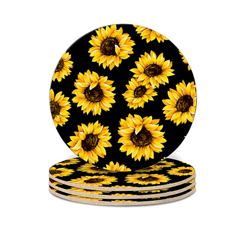 4 posavasos absorbentes para bebida, girasol, fondo negro, con reverso de corcho, antideslizante, para casa, oficina, 4 pulgadas