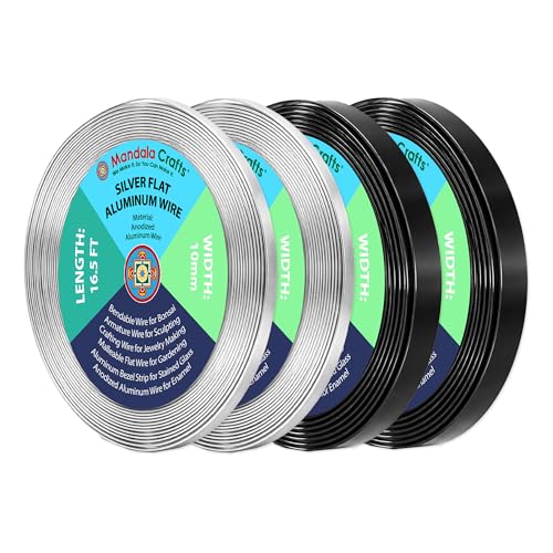 Image of Mandala Crafts 10mm Silver Tone Black Flat Aluminum Wire for Sculpting | 66 FT, Anodized, Colored, Tarnish Resistant, Bendable, Flexible, for Jewelry Making, Bezel, Bonsai, Armature, Outdoor