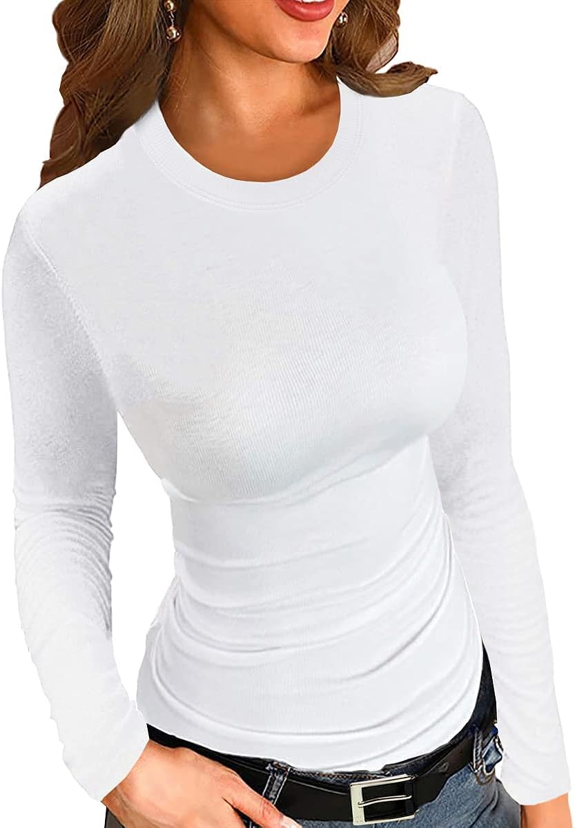 ZAWAPEMIA Womens Crew Neck Long Sleeve Stretchy Slim Fitted T Shirt Casual Trendy Clothing Basic Ribbed Tops