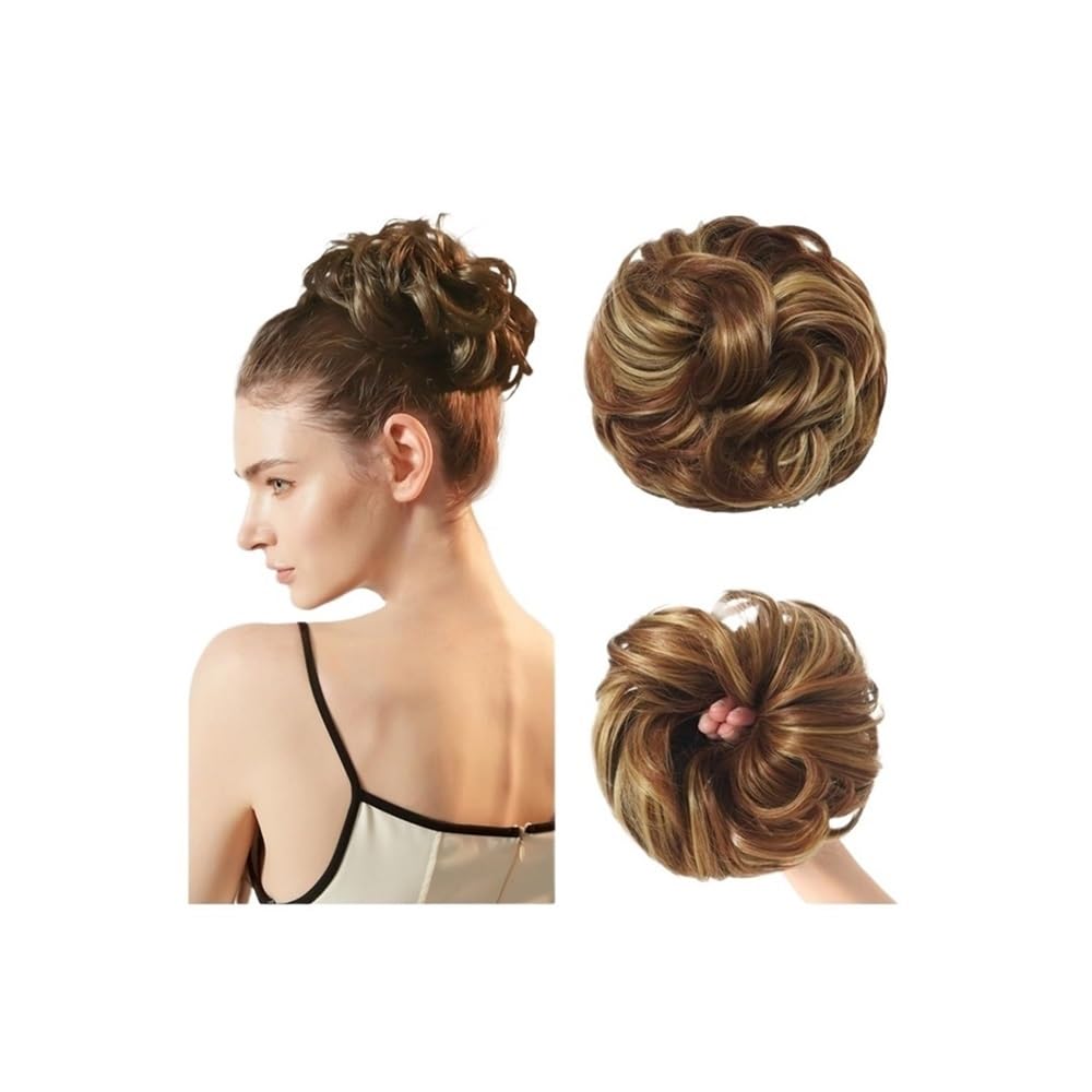 QRSTUVXZY Messy Bun Hair Piece Curly Synthetic Extensions Scrunchies Fake Chignon Updo Hairpieces for Women(Bronde Highlights)