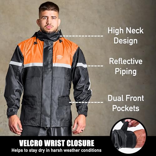 Waterproof Motorcycle Rain Suit, 2-Piece Reflective Gear, Lightweight Riding Jacket & Pants, Protective Raincoat with Hoodie (Orange, XL-2XL) - Thumbnail 2