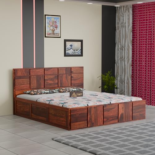 Image of Solid Sheesham Wood Queen Size Bed with Storage Box | Double Bed for Bedroom | Plan Panel Design Wooden Double Bed Cot for Home & Hotels | Rosewood, Honey Finish