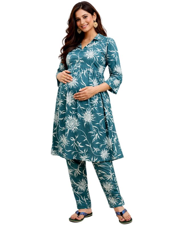 Image of RITIJYA Pure Cotton Feeding Kurta Pant Set for Women | Floral Anarkali Pregnancy Dress with Concealed Nursing Zipper Side Pocket | Pre & Post Partum | Maternity Dresses | Baby Shower Outfit