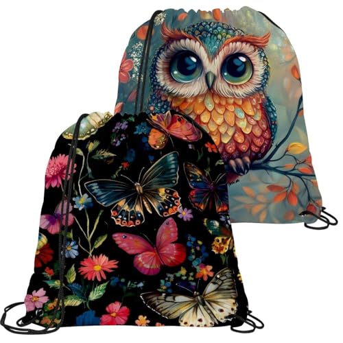 Sac à cordon fleurs et papillons pour le sport | Pack de 2 pochons légers