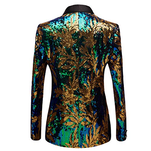 Men Green Blue Gold Leaves Pattern Sequins Blazer2