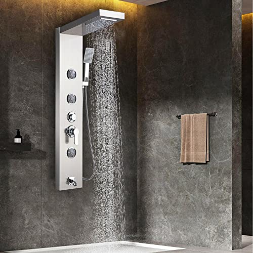 Columna de Ducha Panel de Acero Inoxidable LED sistema de ducha mezcladora con boquillas de masaje y cascada Acabado cepillado miniatura 1