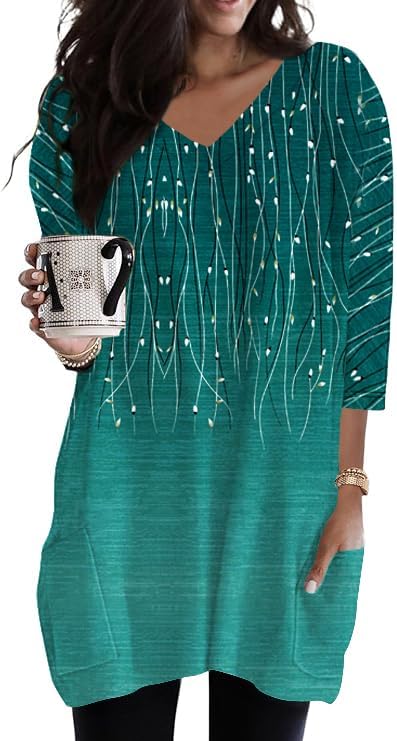 Poetsky Womens Tunic Tops for Leggings with Pockets Vneck 3/4 Length Sleeve Shirt Casual Long T-Shirts S-3XL