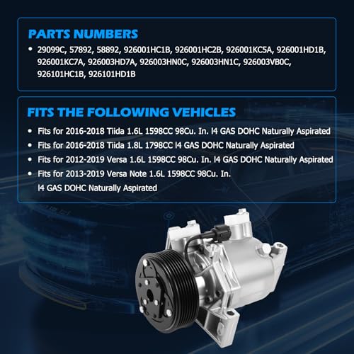 YOMALL 29099C Air Conditioner AC Compressor with Clutch Fits for 2012-2019 Versa 2014-2019 Versa Note 2016-2018 Tiida 1.6L 1.8L, Replace OE 57892 926001HC1B by YOMALL - Used condition - Image 2