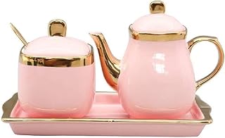 MAGICVOGEL Azucarero y jarrita de leche, de cerámica, borde dorado, jarra de leche de porcelana, jarra de nata, azucarero y especiero (rosa)