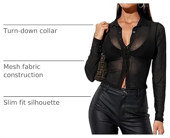 Remidoo Women Sexy Sheer Mesh Button Down Long Sleeve Crop Top Blouse Shirt